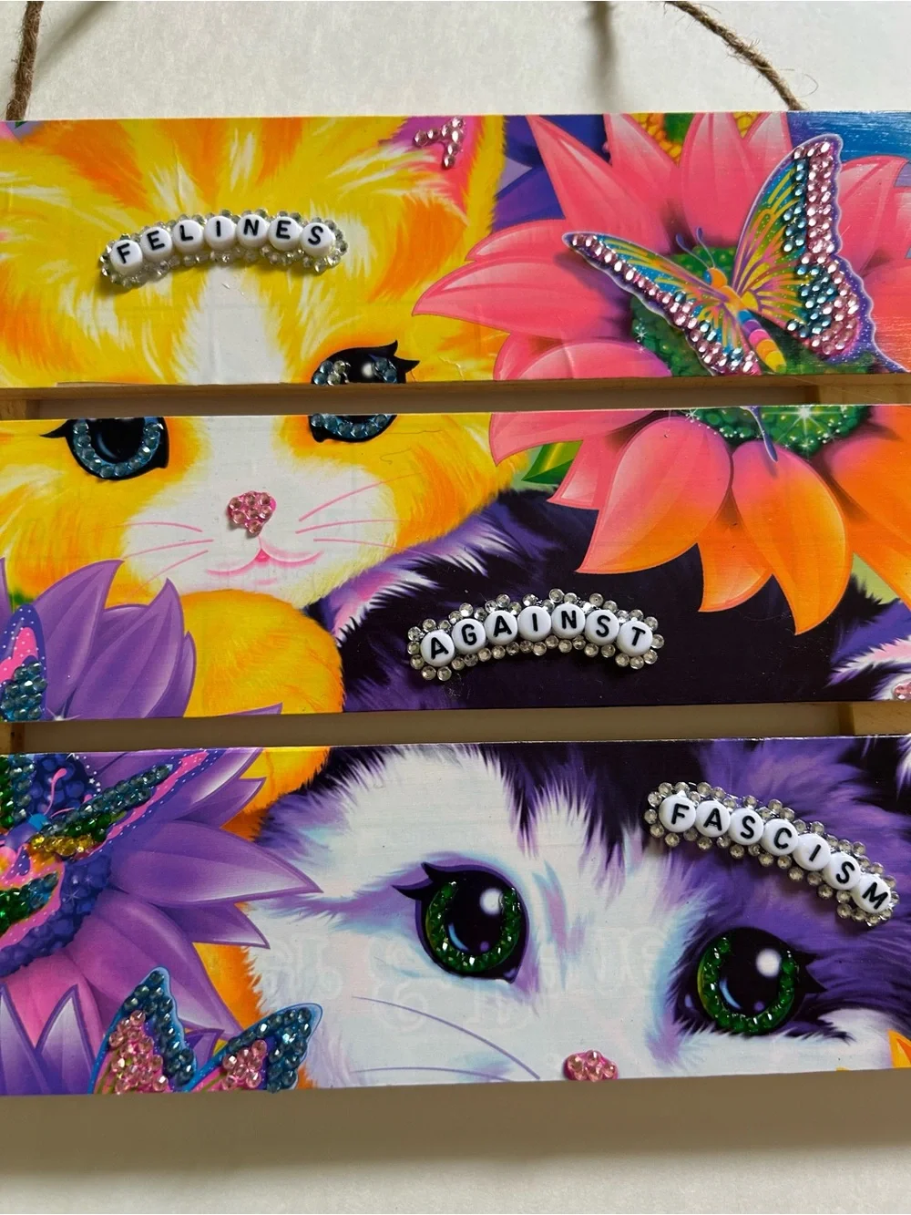 Handmade Lisa Frank Cats Against Fascism Wall Sign with Butterflies